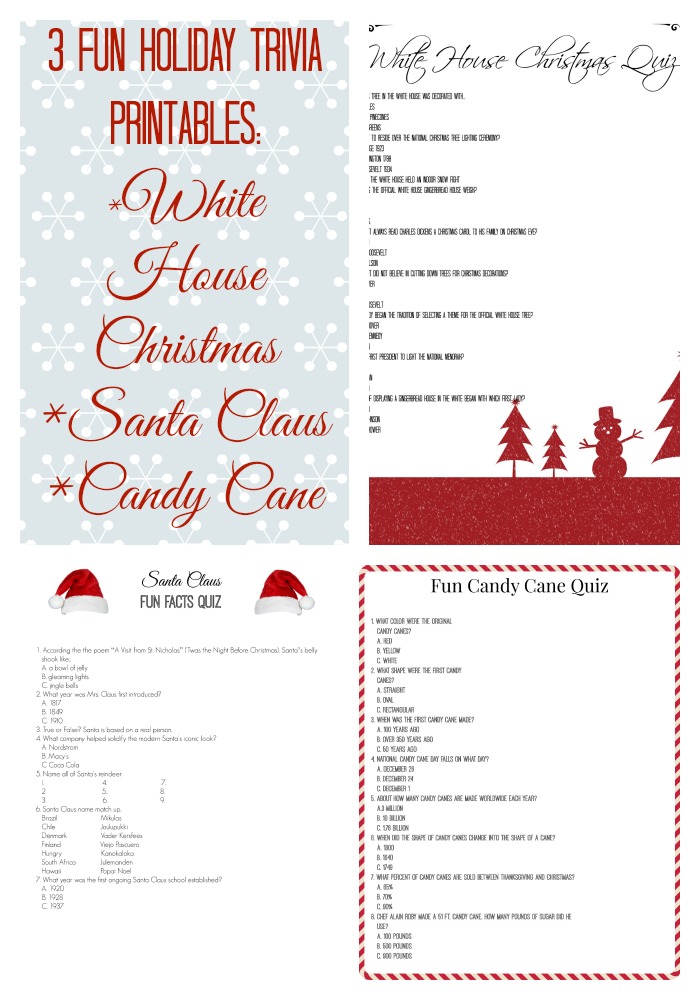 3-Fun-Holiday-Trivia-Printables-Learn about the White House Christmas, Santa Claus, and the history of the Candy Cane with these fun holiday trivia printables.