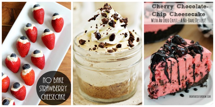 10 Must Try No Bake Desserts - strawberry cheesecake, coffee dessert, and cherry chocolate chip cheesecake