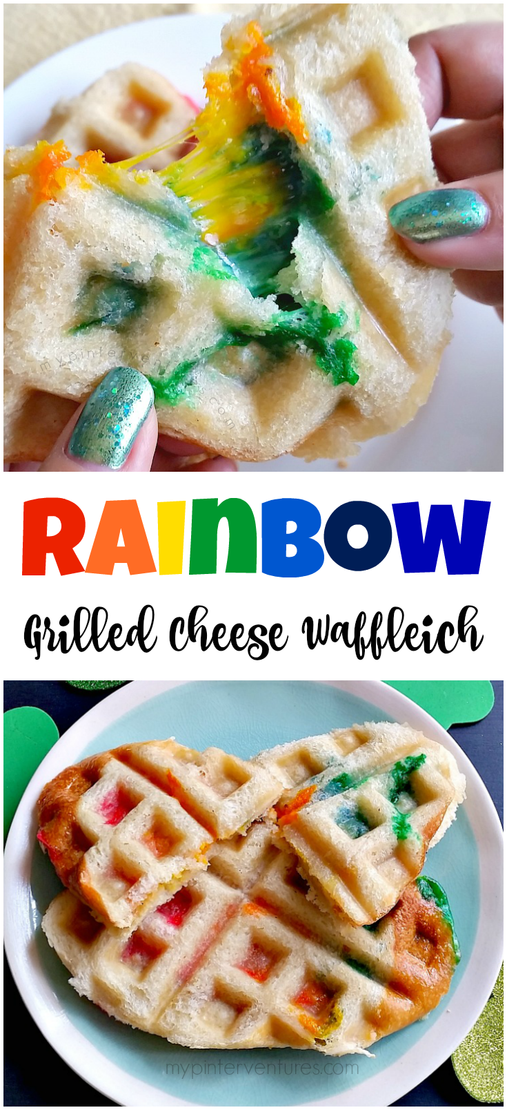 Rainbow Grilled Cheese Waffleich - made with colored cheese and pressed in a waffle maker