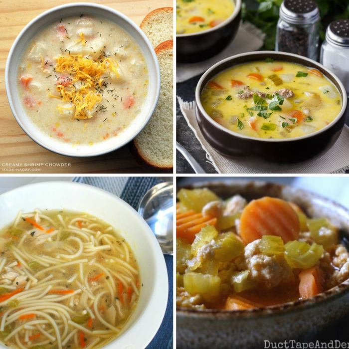 Winning Homemade Soups - Shrimp Chowder, Cheeseburger Chowder, Spaghetti Chicken Noodle Soup, and Buffalo Chicken Soup