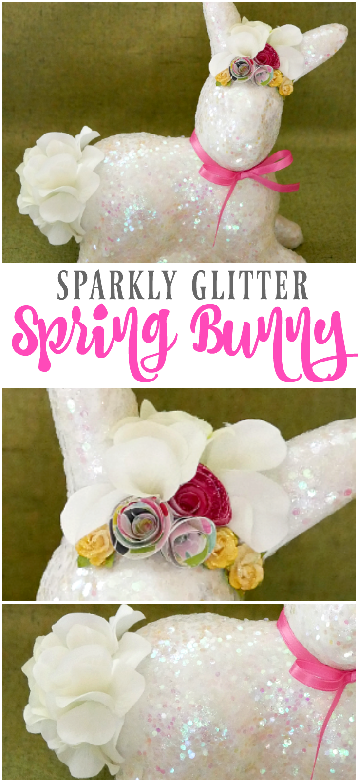 Sparkly Glitter Spring Bunny made out of paper mache and covered with large opalescent glitter