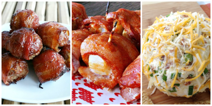 Game day bacon appetizers - bacon wrapped BBQ meatballs, bacon wrapped scallops, bacon cheeseball
