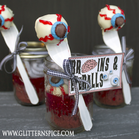 Image for Brains And Eyeballs Halloween Cupcakes In A Jar & Free Printable Tags • Glitter 'N Spice
