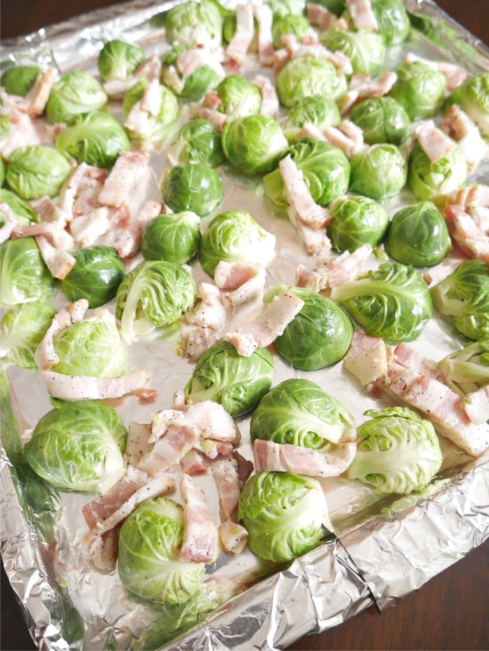 Brussels Sprouts and bacon on sheet pan