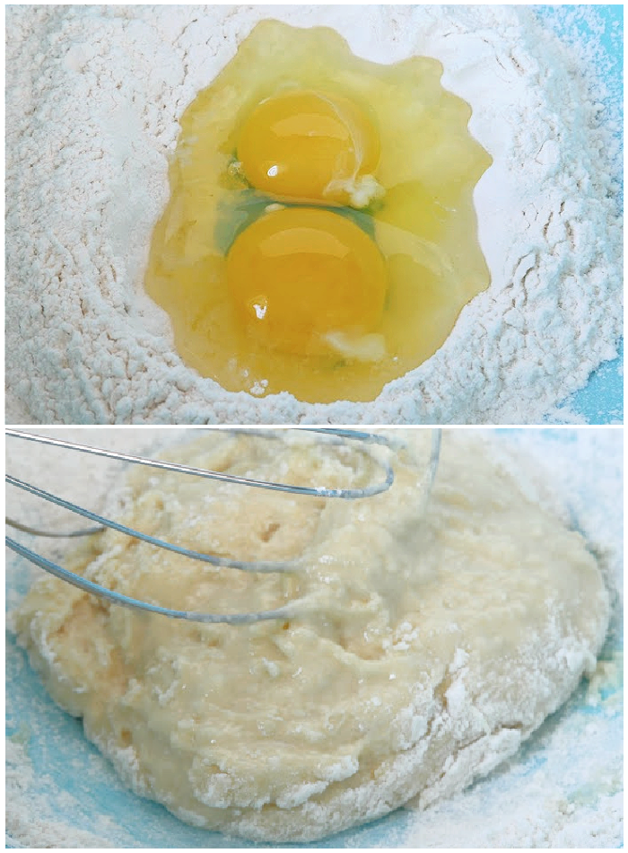 Eggs added to well in flour