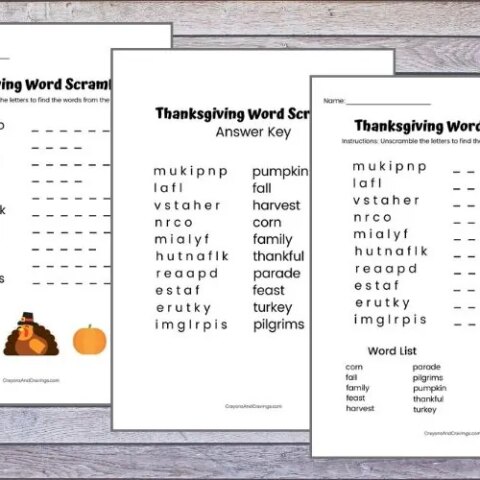 Image for Thanksgiving Word Scramble FREE Printable with Answer Key