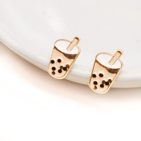 Image for Round Cup Boba Bubble Tea Enamel Earrings Brass Steel Stud | Etsy