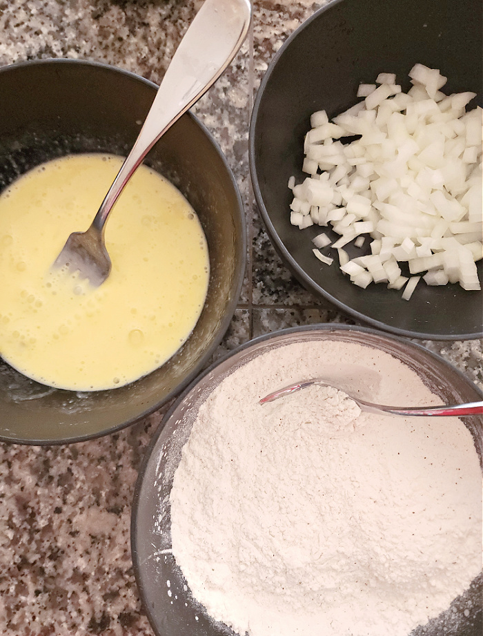 Lemon chicken batter - eggs and seasoned flour.