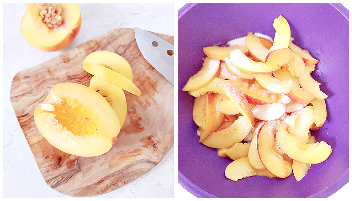 Cutting peaches into 1/4 inches pieces.