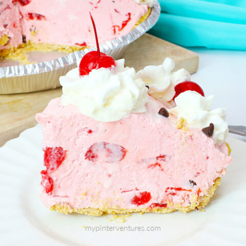 No-bake Cherry Chip Pie slice closeup.