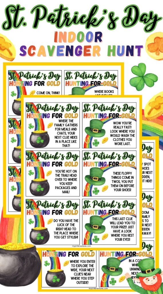 Indoor St. Patrick's Day Scavenger Hunt Game Printable Pin.
