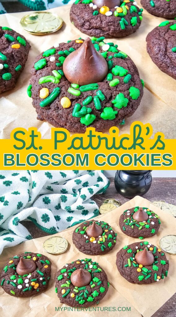 Celebrate St. Patrick's Day with these easy and delicious Chocolate Blossom Cookies! Made with a cake mix and just 4 other ingredients, these festive cookies are a breeze to whip up. Coated with St. Patrick's Day themed sprinkles and a Hershey's Kiss, these are the perfect treat to enjoy on this special day. #stpatricksday #dessert #cookies #cakemixcookies 