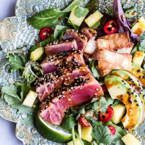 Image for Seared Ahi Tuna Poke Salad with Hula Ginger vinaigrette + Wonton Crisps.