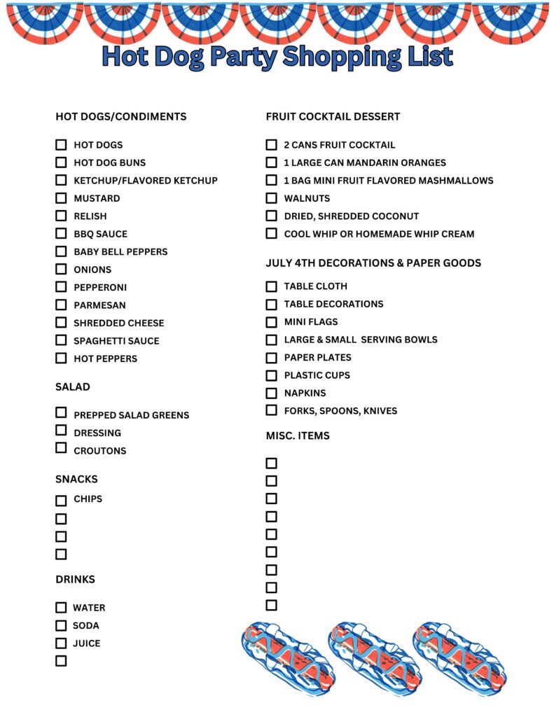 Self-serve Hot Dog Party Shopping List Printable
