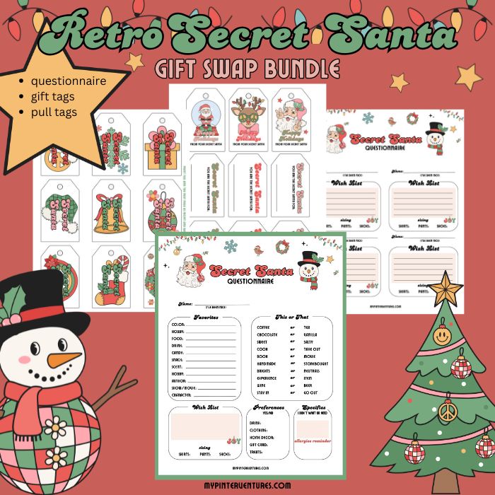 Retro Secret Santa Gift Swap Bundle - Secret Santa Questionnaire, Gift Tags, and Pull Tags